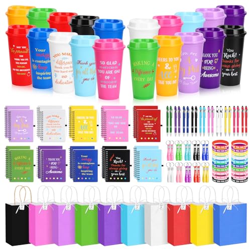 KBDHYY 141Pcs/20Set Employee Appreciation Gift Bulk Inspirational Thank You Gift with 16oz Plastic Tumblers Notebooks Pen Silicone Bracelets Keychain for Christmas Team Staff Teacher Nurse Coworker Volunteer - Image 1