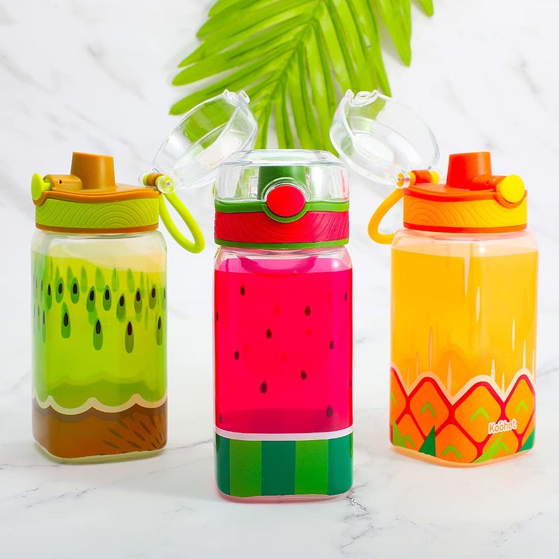 Home Tune 15oz Kids Water Drinking Bottle - BPA Free  Wide Mouth  Auto Flip Cap  Chug Lid  Easy Open  Lightweight  Leak-Proof Water Bottle with Cute Design For Girls & Boys - 3 Pack Fruit - Image 2