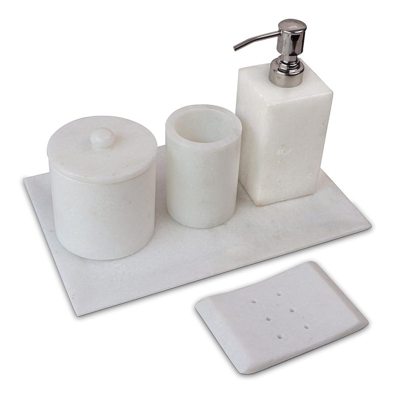 HANDICRAFT BAZAAR HANDICRAFT BAZAAR Marble Bathroom Set for Home Countertops Kitchen Sinks Soap Dispenser Toothbrush Holder Soap Dish Tray Set of 5 White  - Image 2