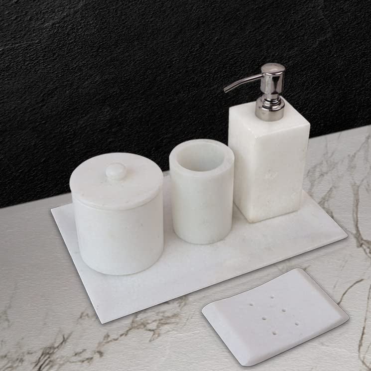 HANDICRAFT BAZAAR HANDICRAFT BAZAAR Marble Bathroom Set for Home Countertops Kitchen Sinks Soap Dispenser Toothbrush Holder Soap Dish Tray Set of 5 White  - Image 1