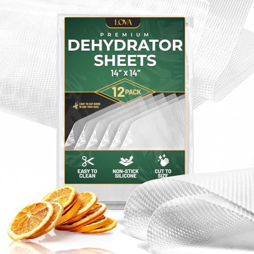 Lova (12 Pack) Silicone Dehydrator Sheets (Free Recipes) (14in.x14in.) Dehydrator Accessories for Cosori, Excalibur, Magic Mill- Fine Mesh Trays - Mats, Jerky, Fruit and More - Image 1