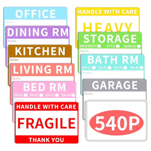 Azureal 540 PCS Moving Labels, 10 Color Coded Moving Stickers Including Fragile, Heavy and Blank Labels, 2'' x 3'' Packing Labels for Moving Boxes, Moving Supplies, Wardrobe Boxes, Apartment Sticker - Image 1