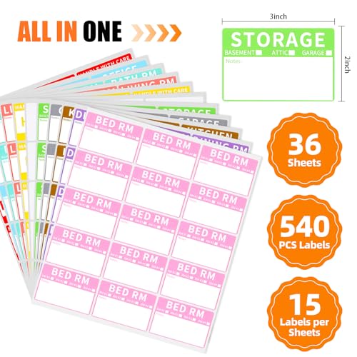 Azureal 540 PCS Moving Labels, 10 Color Coded Moving Stickers Including Fragile, Heavy and Blank Labels, 2'' x 3'' Packing Labels for Moving Boxes, Moving Supplies, Wardrobe Boxes, Apartment Sticker - Image 2