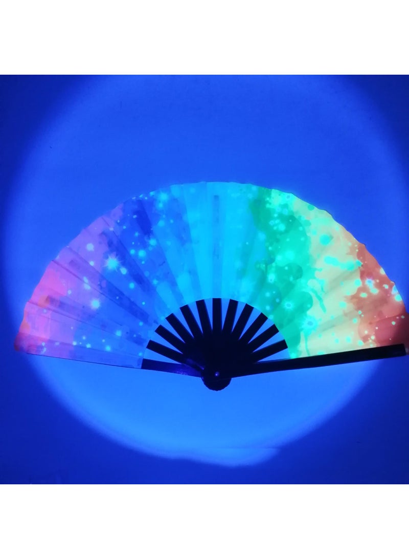 general Bamboo Bone Folding Fan UV Glow Rave Foldable Chinese Vintage Bamboo Silk Fans for Party Wedding Dancing Decoration Gift Performance Baby Shower - Image 1
