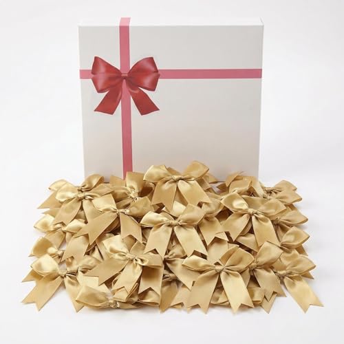 Luuao Gold Gift Wrap Bows – 50pcs 3.3 Inch Elegant Satin Bows for Gift Wrapping, Wedding Decor, Baby Shower, Party Decorations, Birthday, Easter, Christmas, Anniversary, DIY Crafts, Gift Bags - Image 1