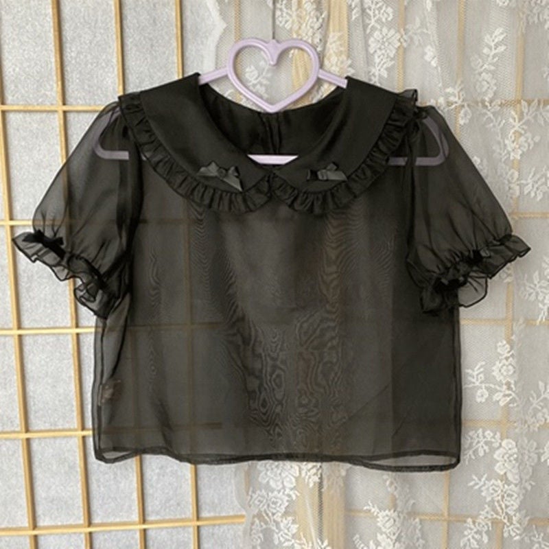 . Sleeping * Plush Design Doll Collar Shirt Loose Can Wear Cute Girl Black single top
