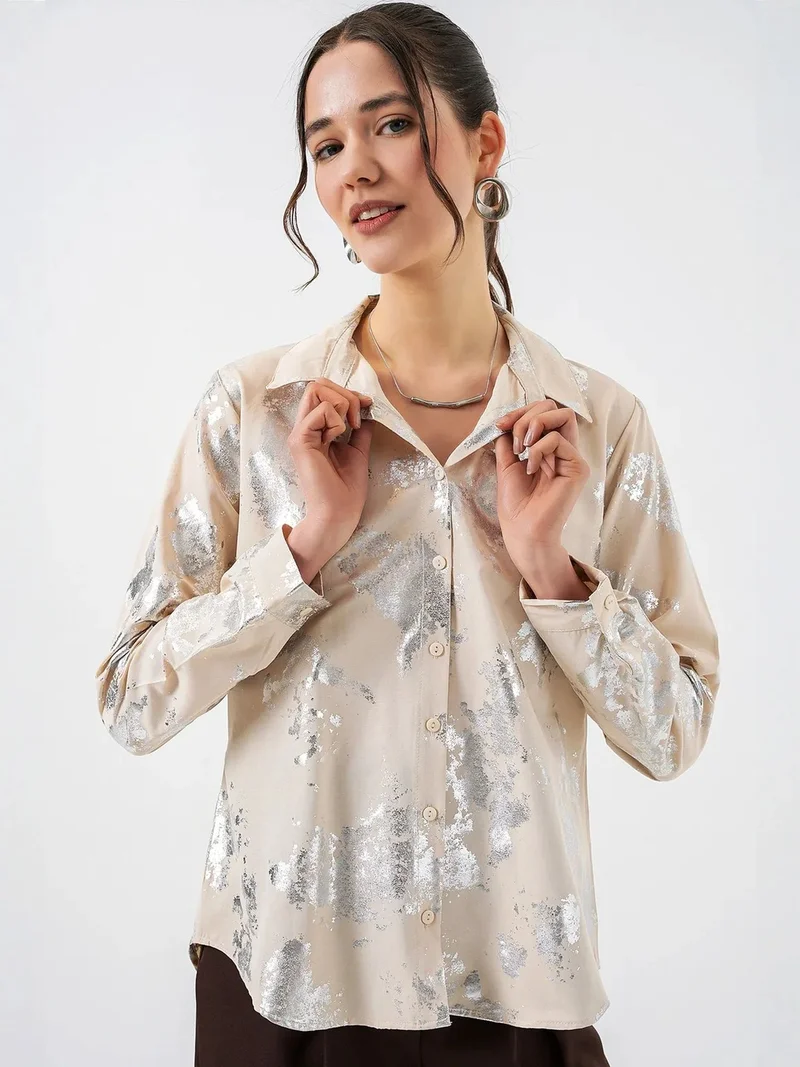 Big Dart Cream Natural BDART Oversized Abstract Print Button-Front Shirt for Women | Best Price UAE
