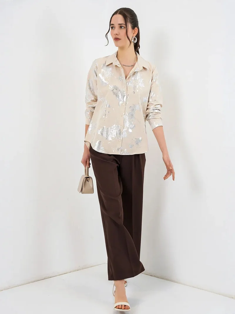 Big Dart Cream Natural BDART Oversized Abstract Print Button-Front Shirt for Women | Best Price UAE