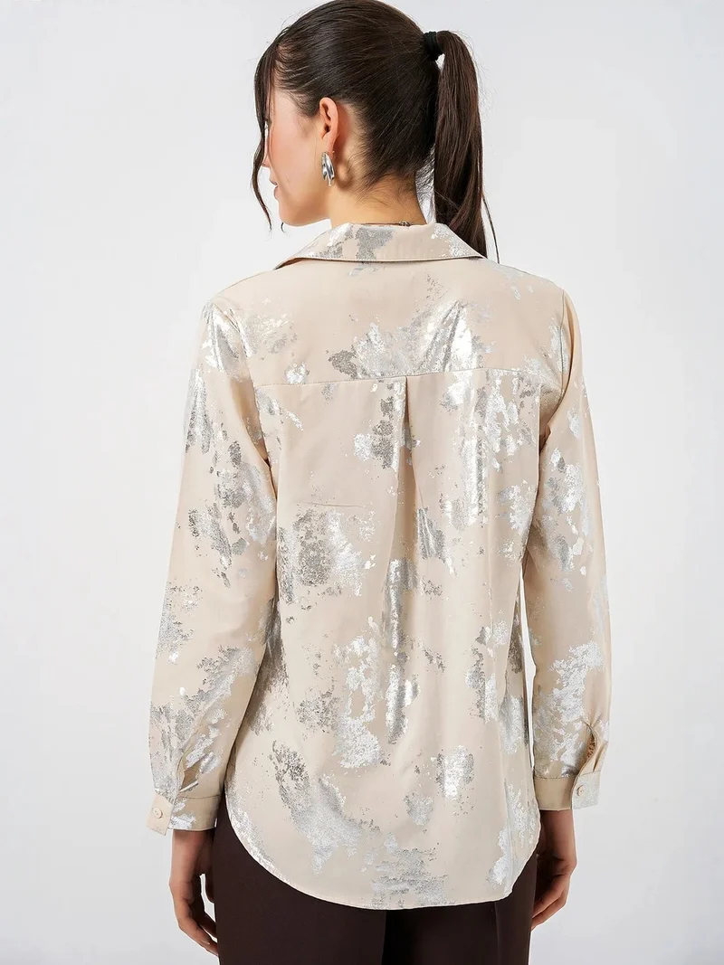Big Dart Cream Natural BDART Oversized Abstract Print Button-Front Shirt for Women | Best Price UAE