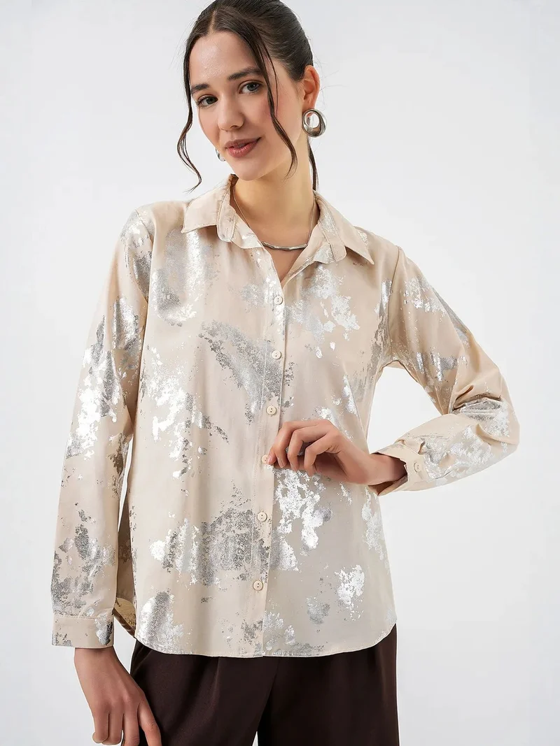 Big Dart Cream Natural BDART Oversized Abstract Print Button-Front Shirt for Women | Best Price UAE