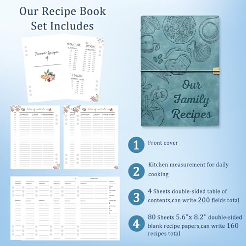 leeveel Blank Recipe Book to Write in Your Own Recipes, 5.6 X 8.2 Recipe Ring Binder with PU Leather Cover, Recipe Journal with 160 Recipes (sky blue) - Image 2