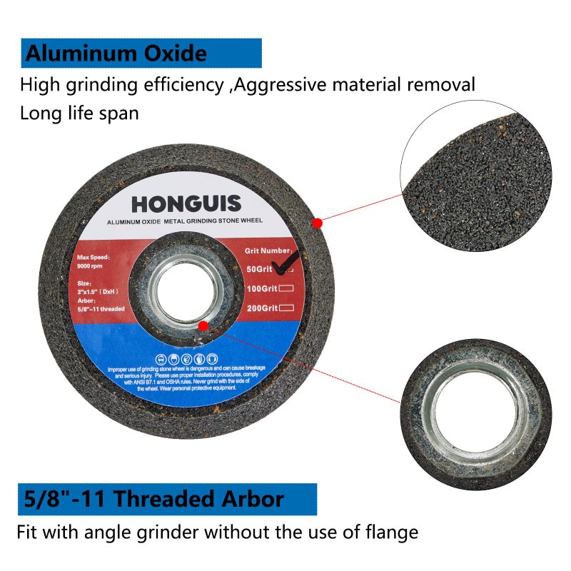 HONGUIS 3 Inch Grinding Stone Wheel for Metal,50 Grit Aluminum Oxide Flaring Grinding Cup Wheel for Rust Removing Deburring Polishing with 5/8"-11 Threaded Arbor(50 Grit) - Image 3
