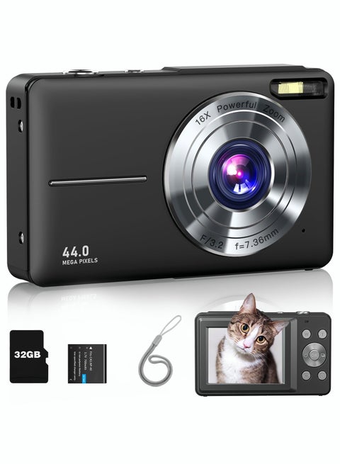 Digital Camera, FHD 1080P Kids Camera 44MP Point and Shoot Digital Cameras with 32GB SD Card, 16X Zoom, Lanyard