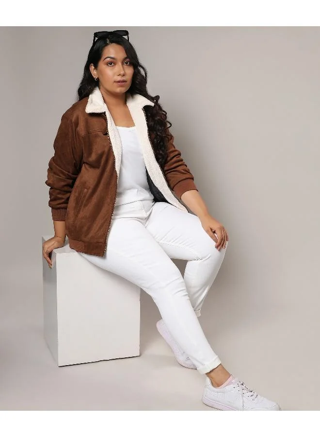 انستافاب بلس سترة راكب الدراجة النارية مبطنة بالصوف باللون البني الداكن للسيدات