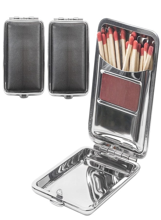 Marsrut 2Pcs Metal Match Box Case Stainless Steel Matchboxes with Friction Plate Striker, Matchstick Holder Mini Vintage Portable Storage Reusable Button Waterproof Fireplace Starter for Outdoor Camping-Black - Image 1