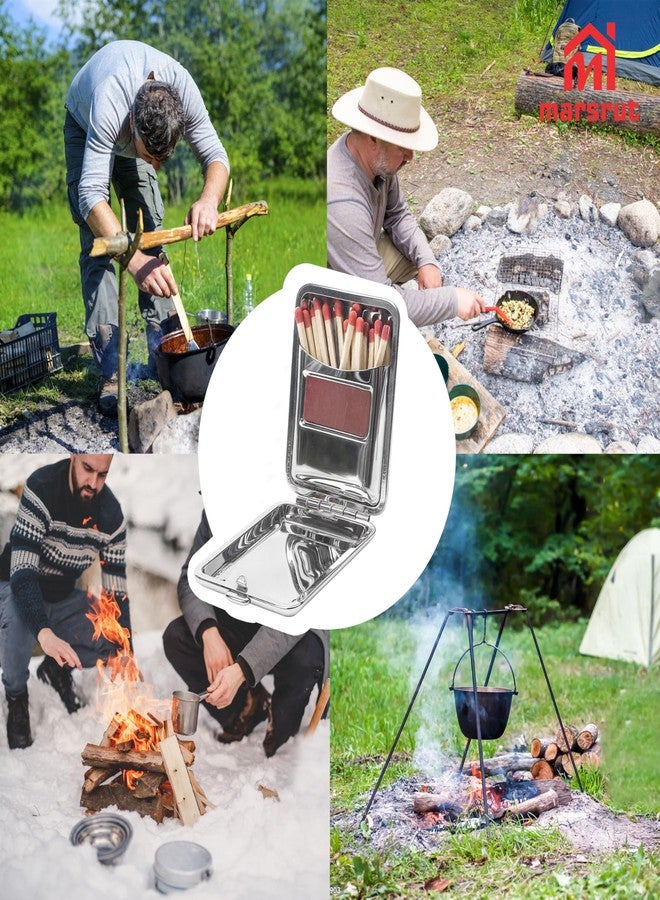 Marsrut 2Pcs Metal Match Box Case Stainless Steel Matchboxes with Friction Plate Striker, Matchstick Holder Mini Vintage Portable Storage Reusable Button Waterproof Fireplace Starter for Outdoor Camping-Black - Image 4