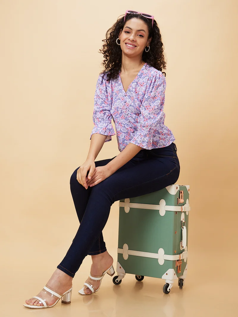 Women Lavender Floral Printed V-Neck Gathered Detailed Regular Top