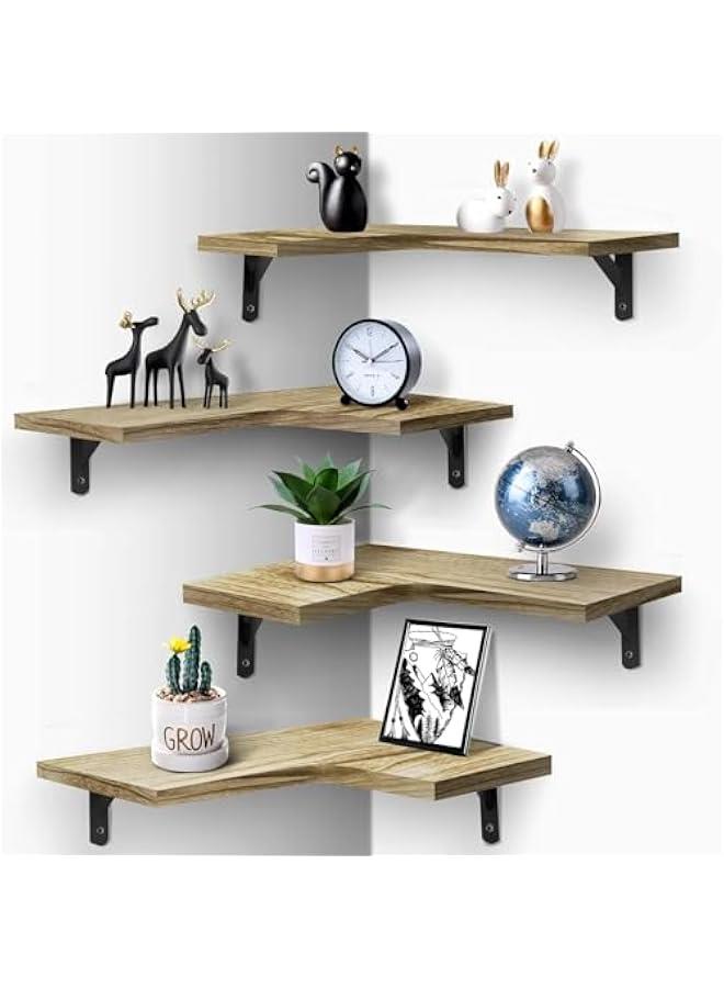 هوكور أرفف حائطية عائمة في الزاوية، طقم من 4 طبقات أرفف عائمة خشبية، سهلة التجميع، منظم حائط متدرج للتخزين، منظم حائط لغرف النوم والحمامات والمطابخ والمكاتب وغرف المعيشة (بني فاتح) - Image 1