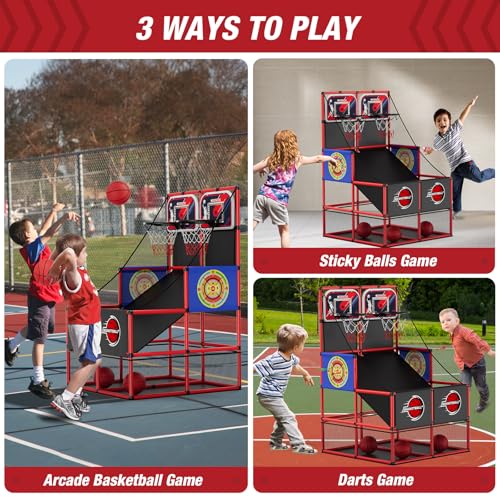 HYES 2 in 1 Dual Shot Basketball Arcade Game with 2 Dart BoardsElectronic ScoreboardLED Light Kids Basketball Hoop for Home Indoor Outdoor Sport Toys for Boys Girls - Image 5
