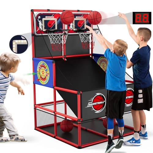 HYES 2 in 1 Dual Shot Basketball Arcade Game with 2 Dart BoardsElectronic ScoreboardLED Light Kids Basketball Hoop for Home Indoor Outdoor Sport Toys for Boys Girls - Image 1