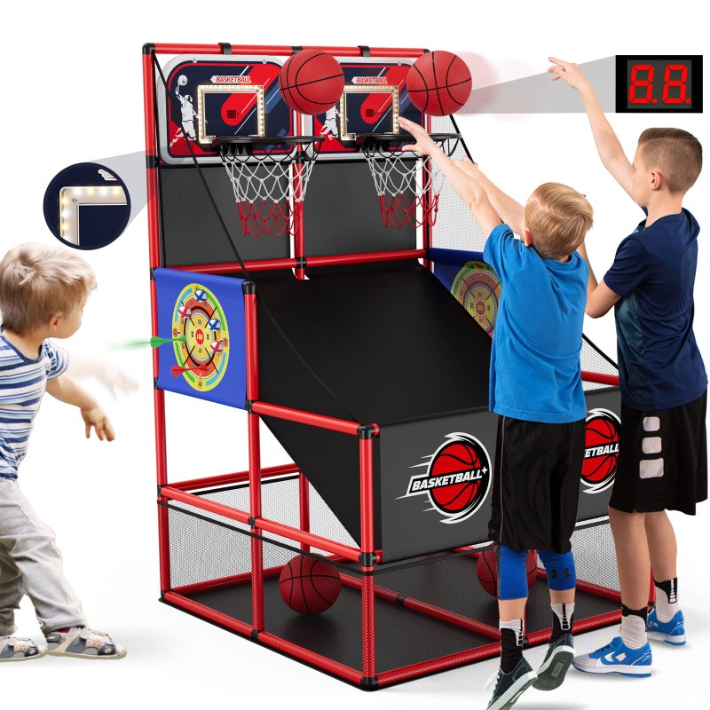 HYES 2 in 1 Dual Shot Basketball Arcade Game with 2 Dart BoardsElectronic ScoreboardLED Light Kids Basketball Hoop for Home Indoor Outdoor Sport Toys for Boys Girls - Image 3