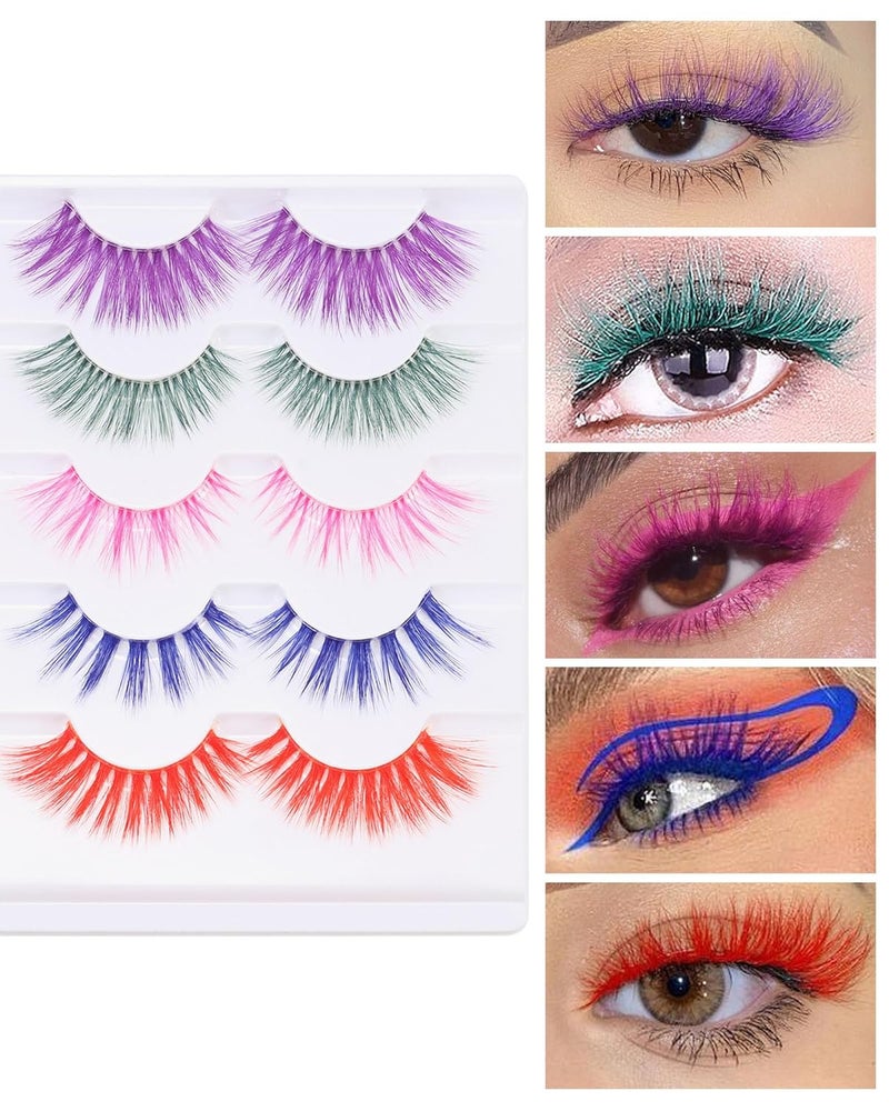 Outopen 5 Pairs Colored False Lashes - Long, Colorful Lashes Extensions with Clear Band - 3D Thick Volume Wispy Lash Clusters (B08-Color Lashes 5 Pairs) - Image 2