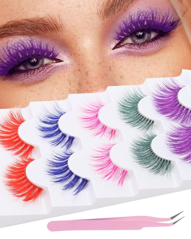 Outopen 5 Pairs Colored False Lashes - Long, Colorful Lashes Extensions with Clear Band - 3D Thick Volume Wispy Lash Clusters (B08-Color Lashes 5 Pairs) - Image 1