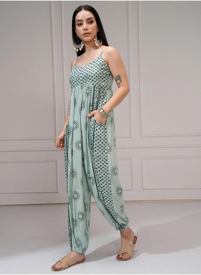Vishudh - Women Green Wide Leg Printed Jumpsuit by Styli - Image 1