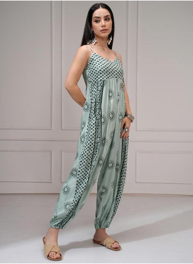 Vishudh - Women Green Wide Leg Printed Jumpsuit by Styli - Image 1