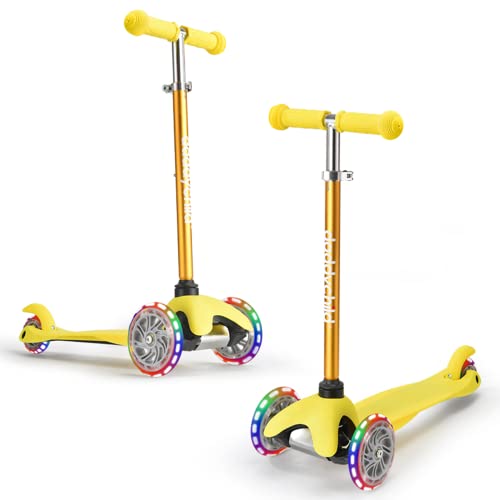 DADDYCHILD 3Wheel Kick Scooter for Kids Ages 38 LeantoSteer Toddler Scooter with Extra Wide Light Up Wheels 4 Adjustable Heights Foldable Scooters for Boys Girls Max Weight 110lbs Yellow - Image 1