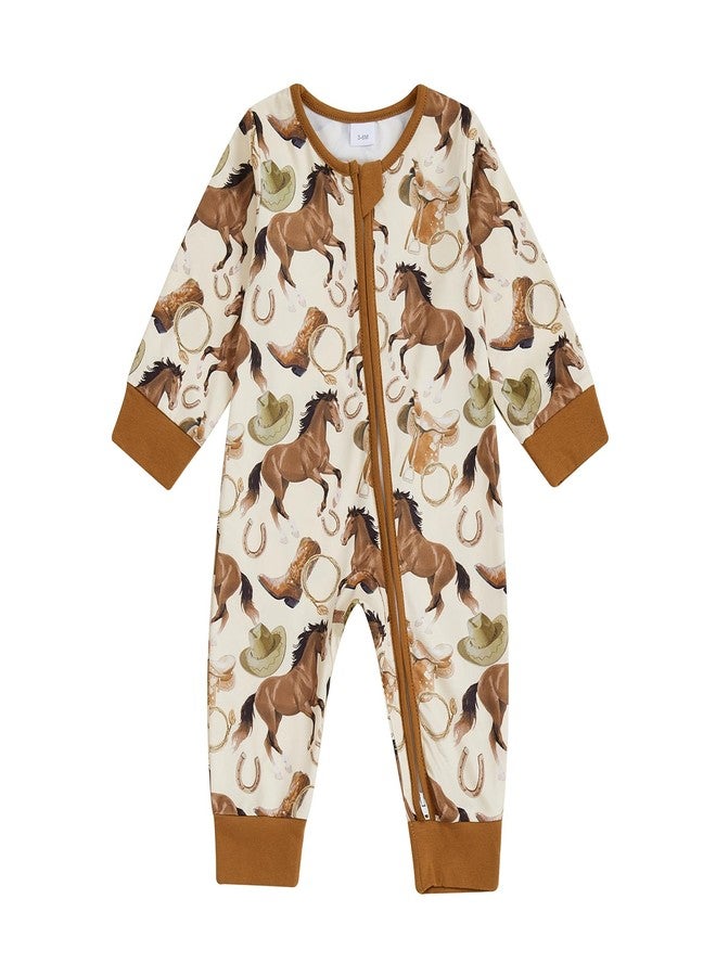 BULINGNA Baby Boy Girl Western Clothes Horse Print Long Sleeve Zipped Romper Jumpsuit One Piece Newborn Fall Winter Outfit (Brown, 3-6 Months) - Image 1