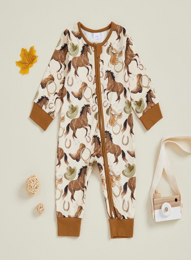 BULINGNA Baby Boy Girl Western Clothes Horse Print Long Sleeve Zipped Romper Jumpsuit One Piece Newborn Fall Winter Outfit (Brown, 3-6 Months) - Image 4