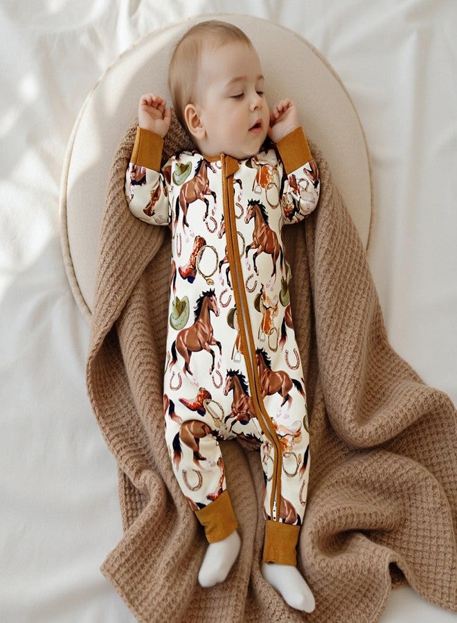 BULINGNA Baby Boy Girl Western Clothes Horse Print Long Sleeve Zipped Romper Jumpsuit One Piece Newborn Fall Winter Outfit (Brown, 3-6 Months) - Image 3
