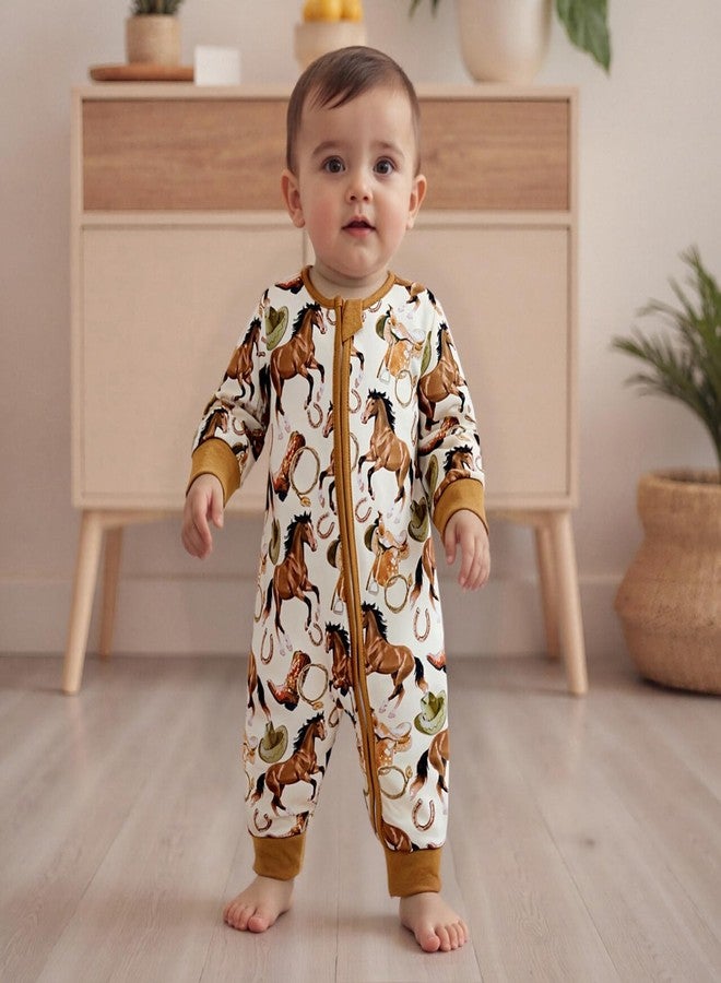 BULINGNA Baby Boy Girl Western Clothes Horse Print Long Sleeve Zipped Romper Jumpsuit One Piece Newborn Fall Winter Outfit (Brown, 3-6 Months) - Image 2