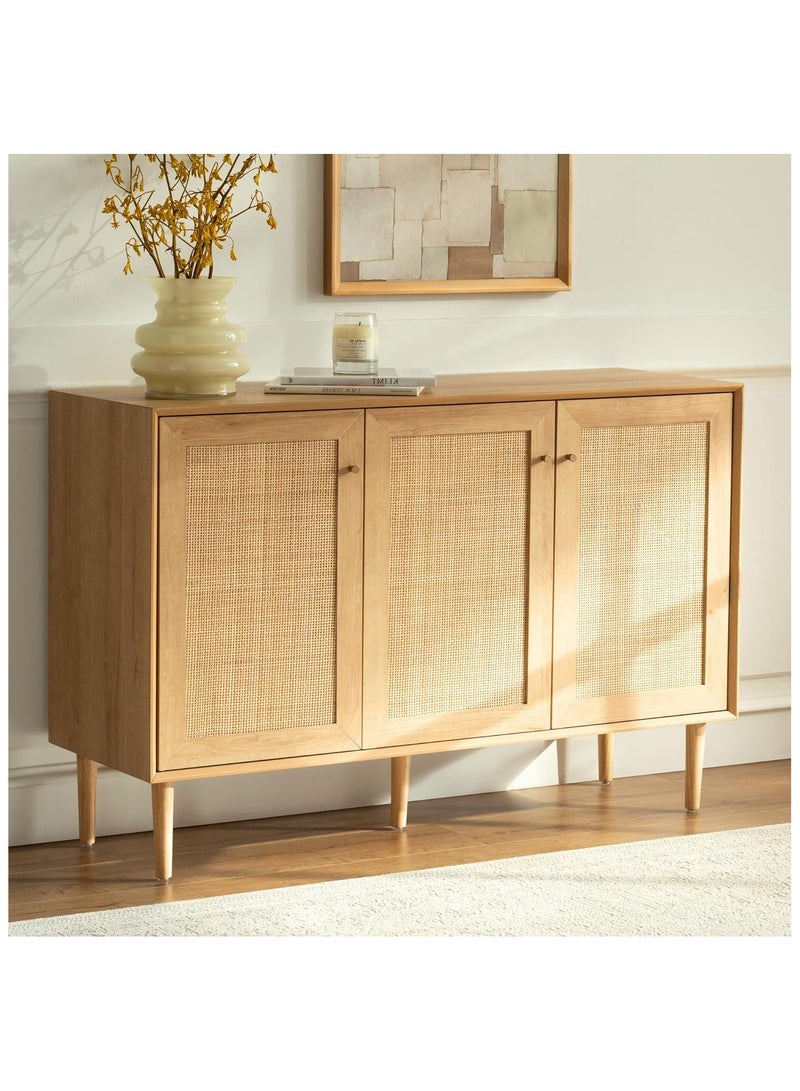 دوهوان خزانة تخزين بوهو روطان - خزانة تخزين بوهو روطان - خزانة جانبية من 3 أبواب مزودة بأرفف قابلة للتعديل، خزانة تخزين من الخشب الصلب لغرفة المعيشة، المطبخ، المدخل - Image 1