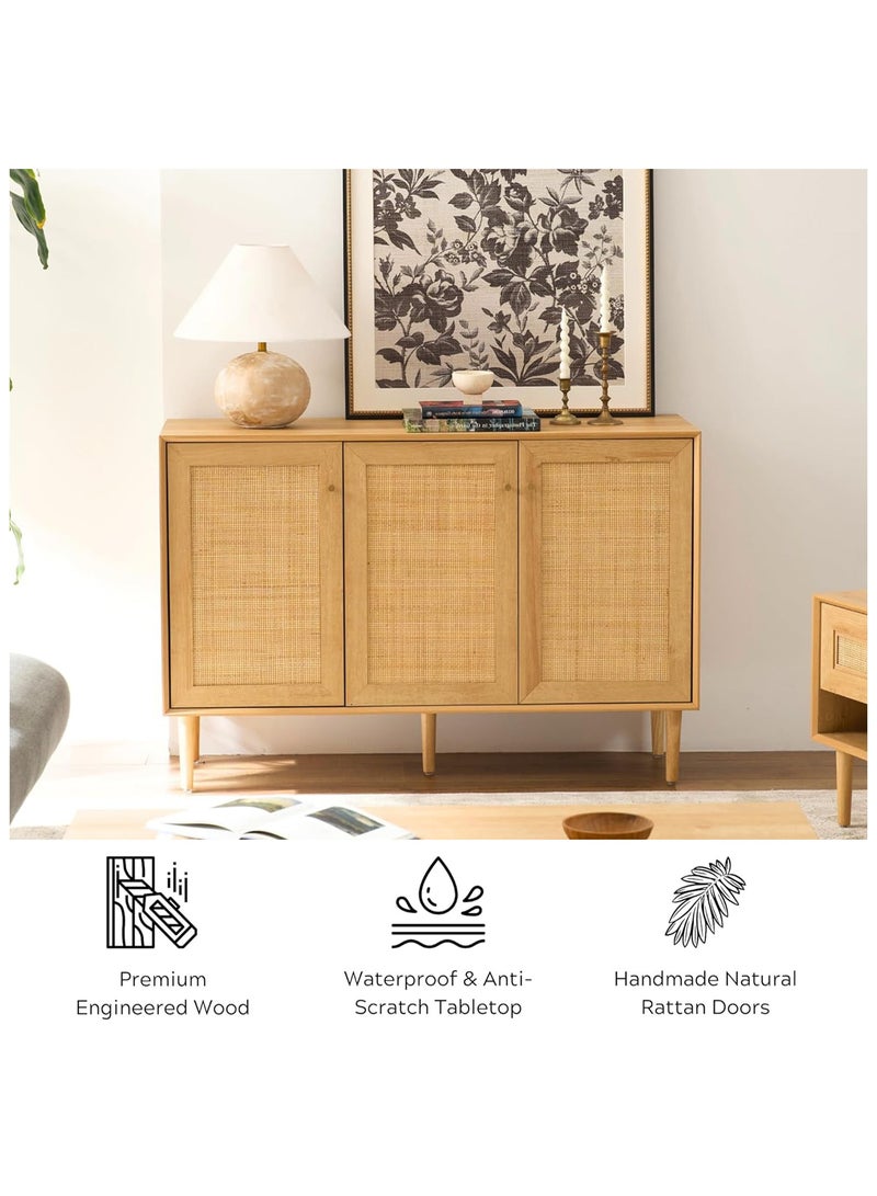 دوهوان خزانة تخزين بوهو روطان - خزانة تخزين بوهو روطان - خزانة جانبية من 3 أبواب مزودة بأرفف قابلة للتعديل، خزانة تخزين من الخشب الصلب لغرفة المعيشة، المطبخ، المدخل - Image 5