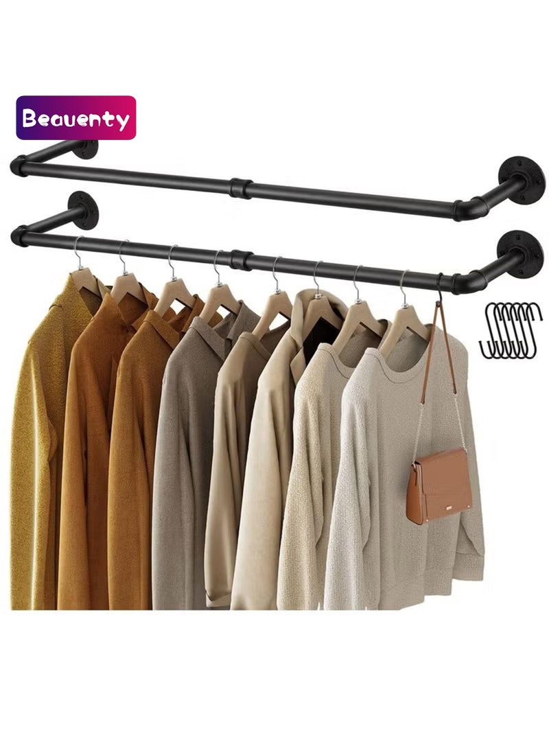Beauenty Wall Mounted Clothes Rack, Set of 2 Hanging Clothes Rack with 6 Hooks, 92CM Space-Saving Industrial Pipe Garment Rack Heavy Duty Detachable Clothing Bar Multi-Purpose Hanging Rod for Closet - Image 1