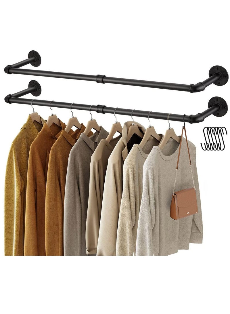 Beauenty Wall Mounted Clothes Rack, Set of 2 Hanging Clothes Rack with 6 Hooks, 92CM Space-Saving Industrial Pipe Garment Rack Heavy Duty Detachable Clothing Bar Multi-Purpose Hanging Rod for Closet - Image 1