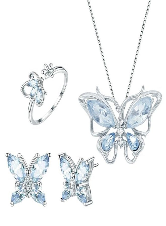 KINTIN 4 Pcs Jewellery Set for Women Girls Crystal Butterfly Chain Pendant Necklace Adjustable Finger Rings Studs Earrings Stylish Necklace Set Valentine Birthday Gift for Women, Girls - Blue - Image 1