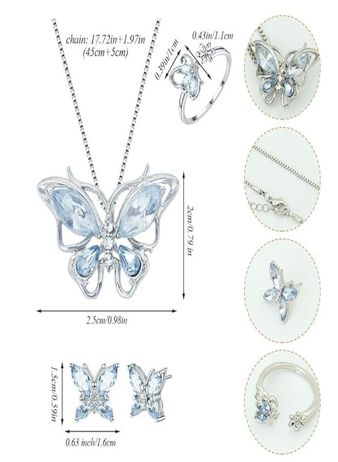 KINTIN 4 Pcs Jewellery Set for Women Girls Crystal Butterfly Chain Pendant Necklace Adjustable Finger Rings Studs Earrings Stylish Necklace Set Valentine Birthday Gift for Women, Girls - Blue - Image 2