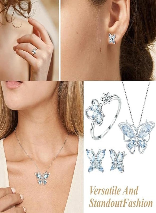 KINTIN 4 Pcs Jewellery Set for Women Girls Crystal Butterfly Chain Pendant Necklace Adjustable Finger Rings Studs Earrings Stylish Necklace Set Valentine Birthday Gift for Women, Girls - Blue - Image 3