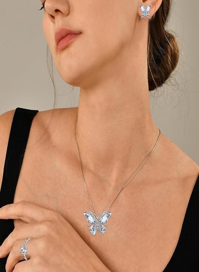 KINTIN 4 Pcs Jewellery Set for Women Girls Crystal Butterfly Chain Pendant Necklace Adjustable Finger Rings Studs Earrings Stylish Necklace Set Valentine Birthday Gift for Women, Girls - Blue - Image 5
