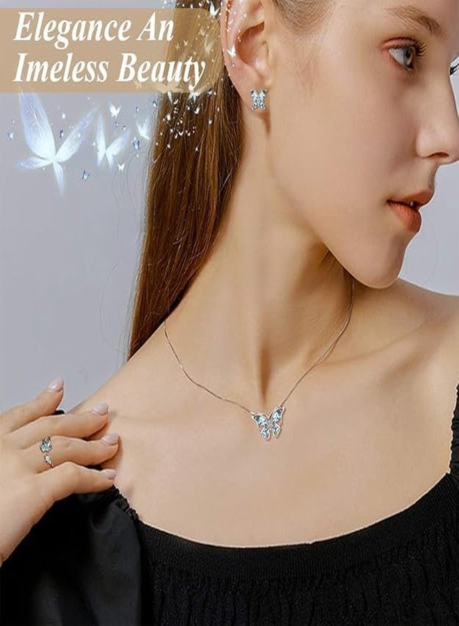 KINTIN 4 Pcs Jewellery Set for Women Girls Crystal Butterfly Chain Pendant Necklace Adjustable Finger Rings Studs Earrings Stylish Necklace Set Valentine Birthday Gift for Women, Girls - Blue - Image 4