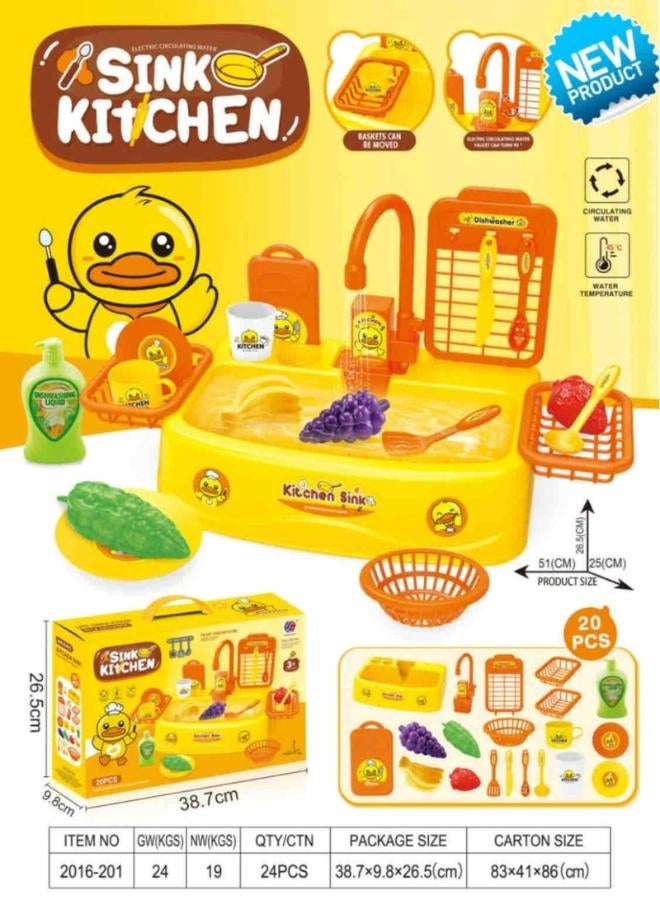 Kids’ Sink Kitchen Play Set – 20-Piece Dishwashing Toy with Real Circulating Water