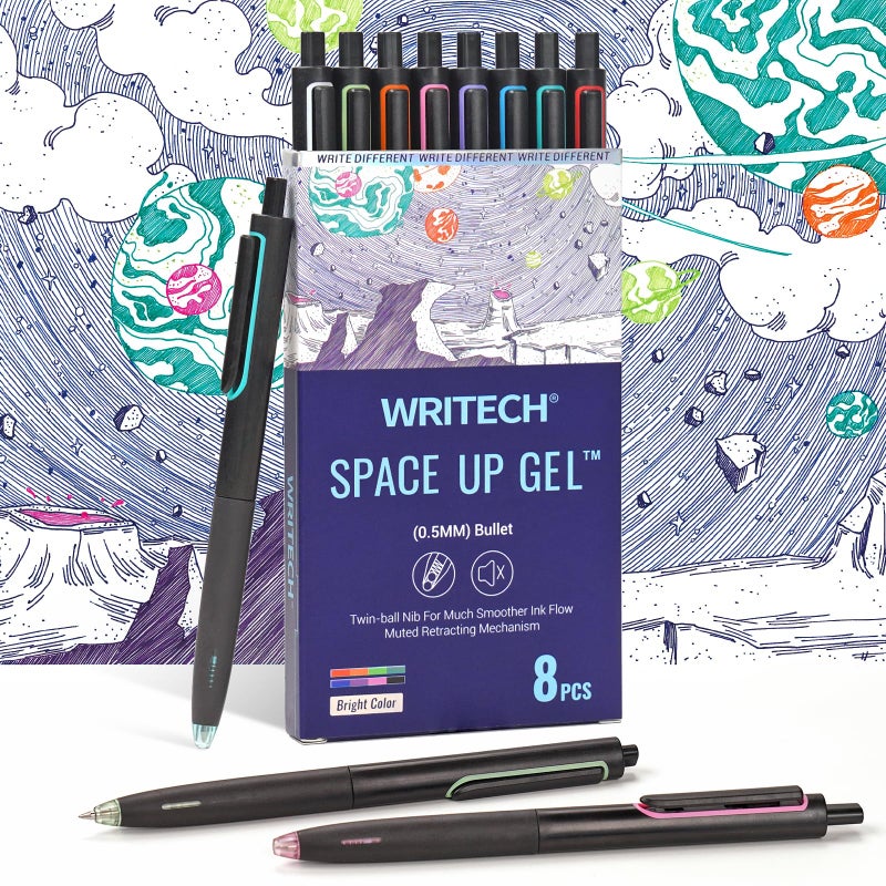WRITECH Retractable Gel Ink Pens: 0.5mm Fine Point Pen Multicolor No Smear & Smudge for Journaling Sketching Drawing Extra Smooth Writing Non Bleed Silent Click Pen Set 8ct - Assorted Colors - Image 1