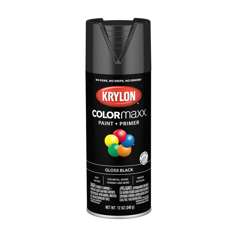 KRYLON طلاء رش وبرايمر من Krylon K05505007 COLORmaxx للاستخدام الداخلي/الخارجي، أسود لامع، 12 أونصة (عبوة من قطعة واحدة) - Image 1