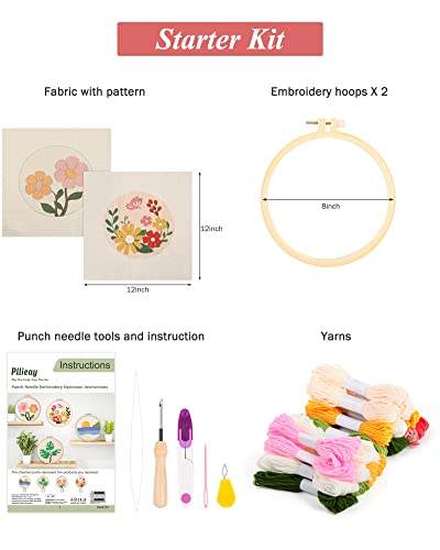 Pllieay 2 Set Punch Needle Embroidery Starter Kits Include Instructions, Punch Needle Fabric with Pattern, Yarns, Embroidery Hoops for Rug-Punch & Pinch Needle - Image 3