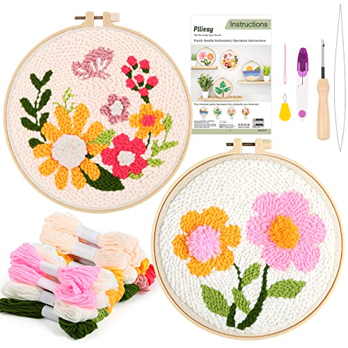 Pllieay 2 Set Punch Needle Embroidery Starter Kits Include Instructions, Punch Needle Fabric with Pattern, Yarns, Embroidery Hoops for Rug-Punch & Pinch Needle - Image 1