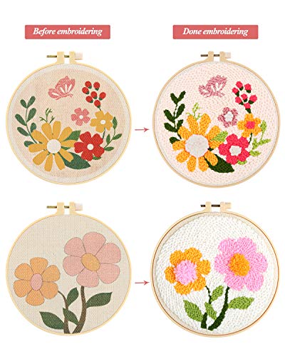Pllieay 2 Set Punch Needle Embroidery Starter Kits Include Instructions, Punch Needle Fabric with Pattern, Yarns, Embroidery Hoops for Rug-Punch & Pinch Needle - Image 5