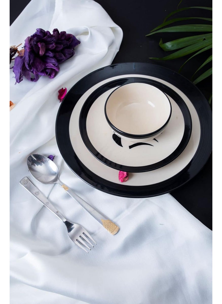 Caffeine Caffeine Ceramic Handmade Black Imperial Dinner Set of 8 Dishwasher Safe & Microwave Safe (4 Dinner Plate, 4 Katori Bowl)  - Image 1